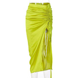 Solid Drawstring Lace Up Ruched High Waist Satin Midi Skirt Slit Bodycon Sexy Streetwear 2021 Autumn Winter