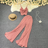 Fongt Suit Female Feel V-Neck Kink Sling Vest Two-Piece High Waist Slim Pleated Wide Leg Trousers-Outfit