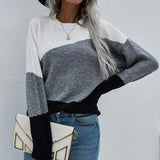 Color Matching Spring Women O Neck Sweater Elegant Long Sleeve Office Lady Loose Pullover Top Casual Femme Knitting