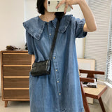 Style Summer Doll Collar Denim Dress Short Sleeves Loose Cute Midi