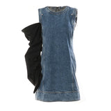Fongt New Round-Neck Denim Collevetic Collider Pintap Crash Color Removable Heap Sleeve Dress 1654