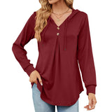 New V-Collar Solid Color Button Drawrope Long Sleeve Loose T Shirt Hoodie-Outfit