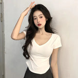 Fongt Desire Wind V Collar Short Sleeved T Shirt Female Summer 2024 New Slim Show Thin Hot Girl Short Irregular Bottom