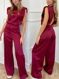 Fongt Summer New Women's Solid Color Straight Collar Sleeveless Loose Sleeves Wide-Legged Jumpsuit