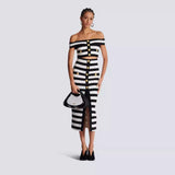 New Black And White Striped Bandage Skirt Fashion Show Shoulder Dress Two Sets Of High Street Party
