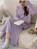 Fongt New Lazy Wind Loose Top + Fishtail Dress Set Women's Round Collar Knitting Set Bright