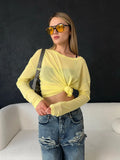 Fongt New Sexy Soft Leier Out-Shoulder Long-Sleeved T-Shirt Women's Transparent Top