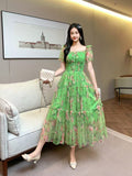 Fongt Gentle Wind And Rags Retro Tea Chiffon Dress Female Waist Temperament Shoulder Bubble Sleeve Mesh Dress