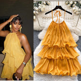 Fongt Dress Women 2025 Summer French Atmosphere With A Sense Of Hanging Neck Sling Lotus Side Splicing Cake Holiday Skirt