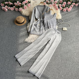 Fongt Suit Female Casual Temperament V Collar Waist Belt Knit Cardigan Jacket Three Piece Set High Waist Wide Leg Pants-Outfit