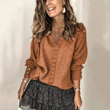 Fongt 2025 New Lace V-Necked Jacket Sweater Lady Loose Long-Sleeved Solid-Colored Sweater