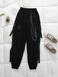 Punk Women Black Cargo Pants With Chain Gothic Hippie Joggers Techwear Loose High Waist Wide Trousers Female Mall