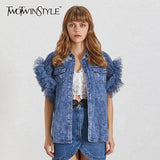 Casual Patchwork Mesh Jacket For Women Lapel Sleeveless Streetwear Denim Jackets Female Fashion New Clothing