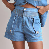 Fongt Summer Women's Casual Retro Loose Shirt Denim Shorts Set Denim