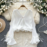 Fongt Shirt Women Spring And Autumn New Three-Dimensional Lotus Edge V Collar Folded Horns Short Top Lady