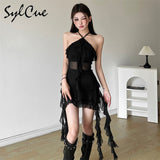 2024 Spring New Sweet Gentle Sexy Mature Beautiful Elegant Party Queen Women'S Short Neck Ruffled Tassel Dress-Outfit