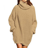 Fongt And Winter New Fashion Long Sleeve High Collar Pocket Long Dress Loose Sweater