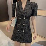 Summer New Suit Dress Women's Korean Style Puff Sleeve Waist Slim Double-breasted Temperament Skirt Vestidos-Outfit
