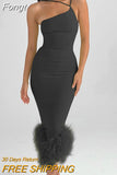 Elegant One Shoulder Feather Bottom Midi Dresses for Women 2023 Spring Summer Sleeveless Bodycon Long Dress