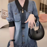 Clothing Pockets Patchwork Denim Dresses Korean Spring Autumn Long Sleeve Casual Loose Turn-down Collar Button Midi Dress-Outfit