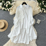 Fongt Version Of High-End Sense Polo Collar Shirt Women Autumn Three-Dimensional Flowers Loose Irregular Folding Tail Design Top