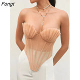 Women Strapless Sheer Mesh Mermaid Sea Shell Vest Crop Backless Lace up Tank Top Party Clubwear Crop Top