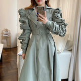 Korean Patchwork Ruffle Windbreaker For Women Lapel Long Sleeve Sashes Black Casual Trench Female Fashion
