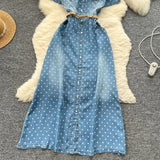 Fongt Familiar Style Niche Fashion Short-Sleeved Wave Dot Denim Dress Women's Waist Thin Temperament Elegant A-Word Shirt Skirt