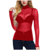 Ins Sexy Women's Tight-Nair With Long-Sleeved T-Shirts To The Perspective Of High-Necked Shirt Mesh