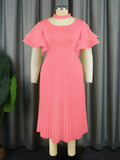 Fongt Casual Comfort Hollow Collar Folding Skirt Elegant Style Level Feel Horn Sleeve Dress Dress Dress