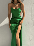 Cowl Neck Split Satin Maxi Dress-Outfit