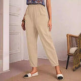 Fongt Four-Season Cotton Nine-Point Trousers Loose Waist Slacks Slant Pocket Trousers Women