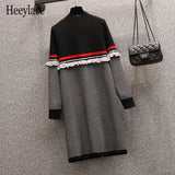 Women Autumn Winter Warm Knitted Wool Dress Office Ladies Elegant Vintage Patchwork Sweater Dress Female