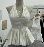 Fongt Retro Hanging Neck Tie With Bare Back Sling Skirt Folded Short Sleeveless Top Woman 9225