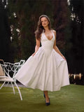 Fongt Spring And Summer French Name Deep V-Neck Sexy Hanging Neck Tie Splicing Pressure Folded Waist Thin Sweet Dress
