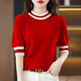 Fongt Round Collar Half-Sleeve Tight Cover Sweater Five-Point Sleeve Top Female Knitting Bottom Flying Sleeve Half-High Collar