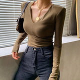 T-shirt Women's Long Sleeves V-neck Tops Autumn 2022 Cushioned Shoulder Tops Slim Bottoms Clothes New Office Lady