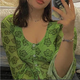 Floral Print Green T-shirt Y2K Aesthetics Mesh Buttons Flare Sleeve Crop Tops 90s Women Vintage Clothes Summer