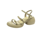Fongt Step On Excrement Feeling ~ Light Soft Leather High Heel Sandals Female Summer New Style Thick Heel Thick Sole Heel Not Tired Feet Super Fairy Match Skirt-Outfit