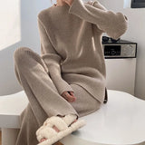 Fongt Color Sweater Open Fork Wide Leg Pants Two Sets Of Fashion Lazy Wind Knit Sweater Woman-Outfit