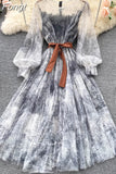 Women Mesh Dress Vintage Lantern Sleeves Printed Party Dresses Spring Summer Patchwork A Line Bandage Beach