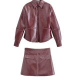 Fongt Women's Explosive Collar Button PU Coat Mini Dress Two Sets