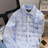 Autumn Stylish Braid Spliced Striped Shirt Casual Hollow Out Female Clothing Lapel Korean Loose Single-breasted Blouse-Outfit