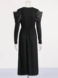 Fongt Temperament Dress Women 2025 Spring New Round Neck Mesh Stitching Design Black Long Sleeve Dress