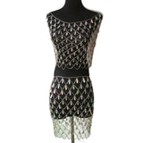 Through Holographic Gems Two 2 Piece Set Hollow Out Metal Link Chain Crop Top Sexy Patchwork Skirt Night Club Two Piece