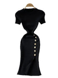 Fongt Version Of The Solid Color Collar Buckle Body Short Sleeve Elastic Knitted Forked And Left-Sleeved Dress 0022