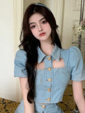 Denim Two Piece Suits Women Sexy Love Pocketshirt Crop Tops Mini Ruffles Skirts Outfits Female Elegant Cowboy 2 Piece Set-Outfit