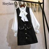 Ladies Elegant Two Pieces Set Women White Bow Collar Lantern Sleeve Blouse And Tweed Vest Dresses Suits
