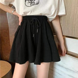 Summer Shorts Skirts Women Elastic High Waist Casual Wide Leg Shorts Korean A Line Mini Skirt Oversized Black Short Pants-Outfit