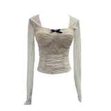 Fongt Pat With Chest Cushion Square Collar Bow Lace Long Sleeve Bottom Top Dress Slim Slim Short Shirt 9520